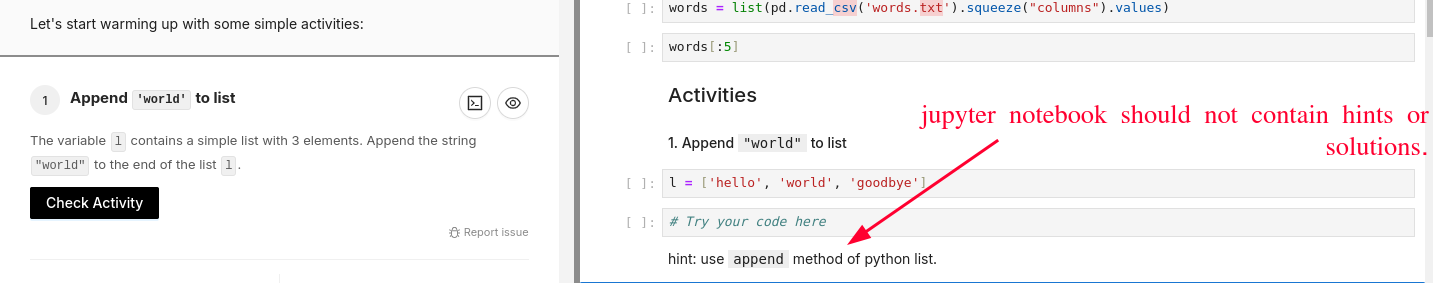 Hint or solution should not be present in the jupyter notebook.